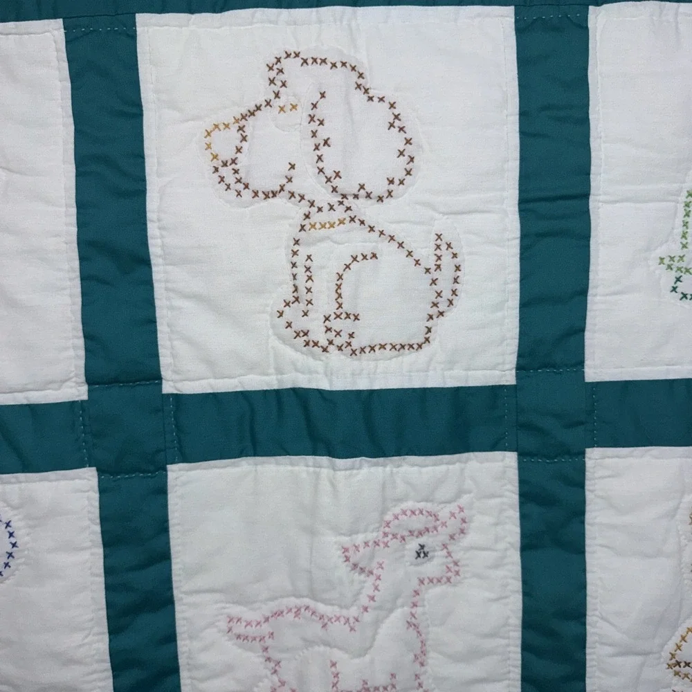 Vintage Cross Stitched Baby Quilt Completed 55X42